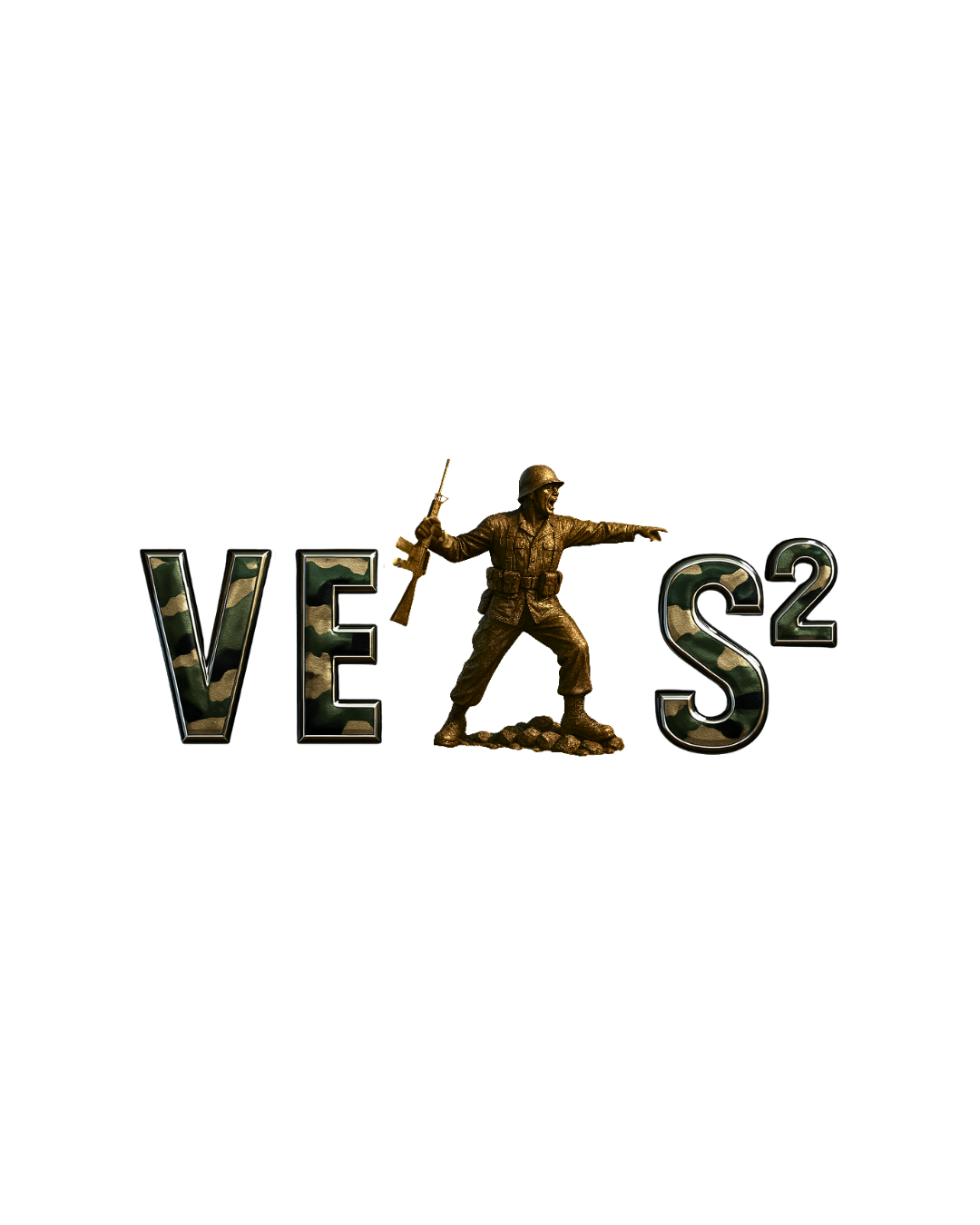 VETS² logo — camo lettering with bronze soldier statue